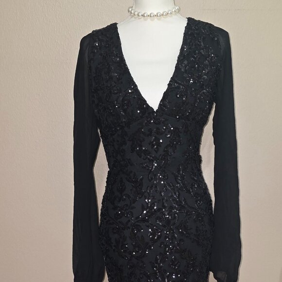 Windsor Black Sequin Long Sleeve Mesh Evening Gown – S - Picture 3 of 6